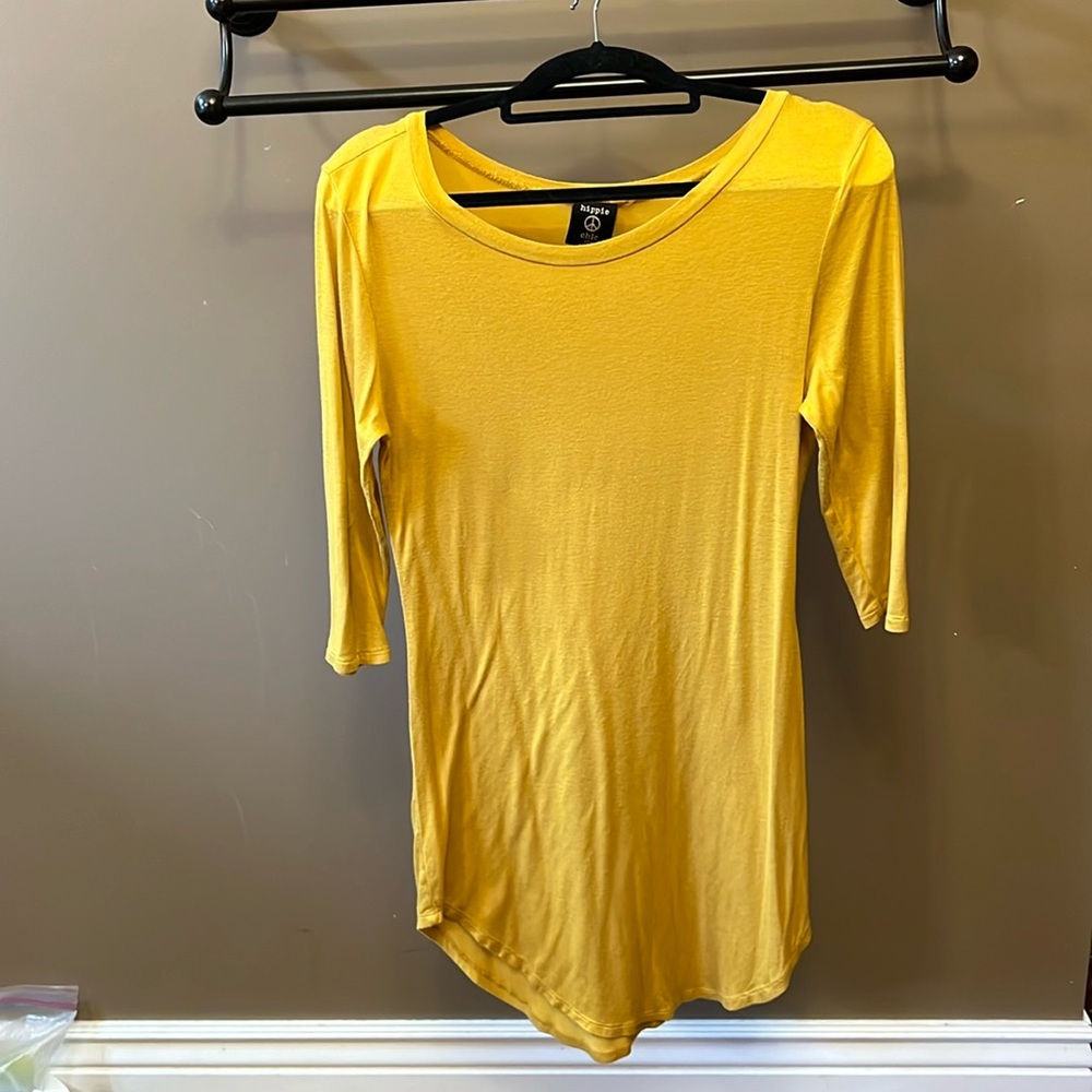 Dress, dark yellow, t-shirt fabric, 3/4 sleeves, low round neck, round bottom